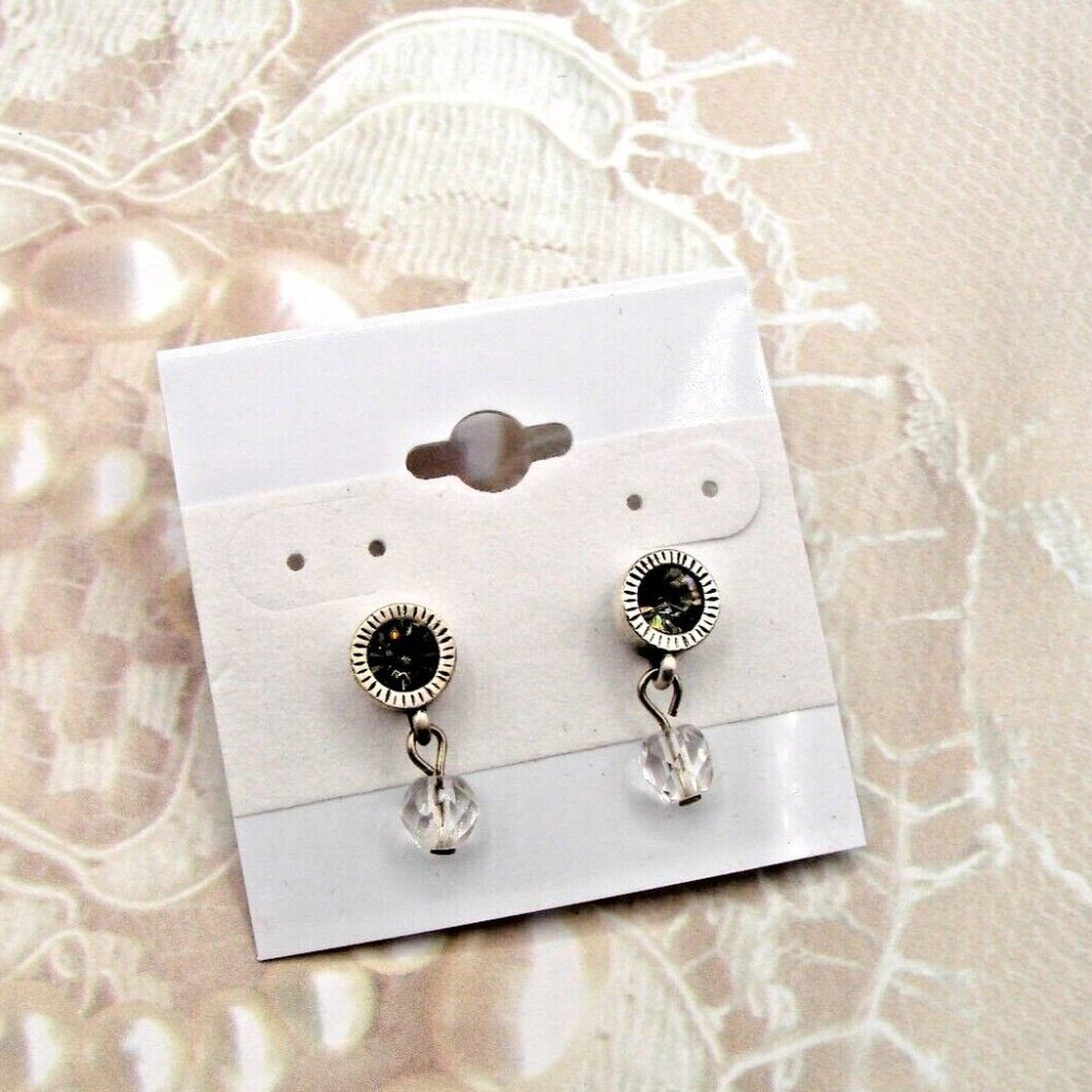 KC Designs Smokey Crystal Rhinestones Dangle Earrings Silver Delicate Dress Vtg